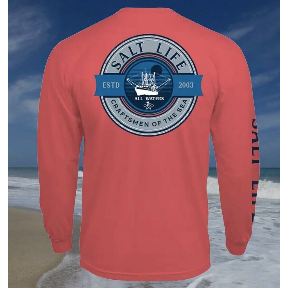 Salt Life "ALL WATERS " Long Sleeve T-Shirt Auburn Heather 2XL Craftsmen Of Sea